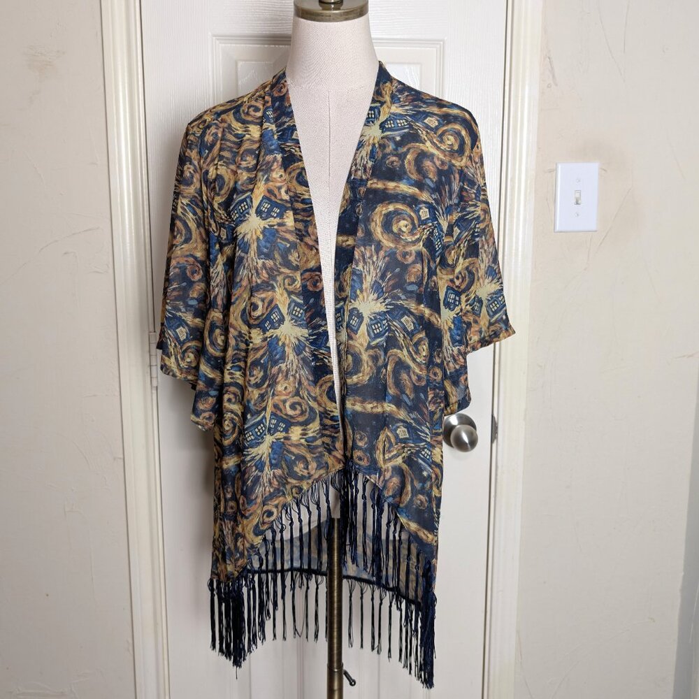 Dr Who BBC Open Jacket Size S Women's Blue Gold Sheer Short Kimono Sleeve Fringe
